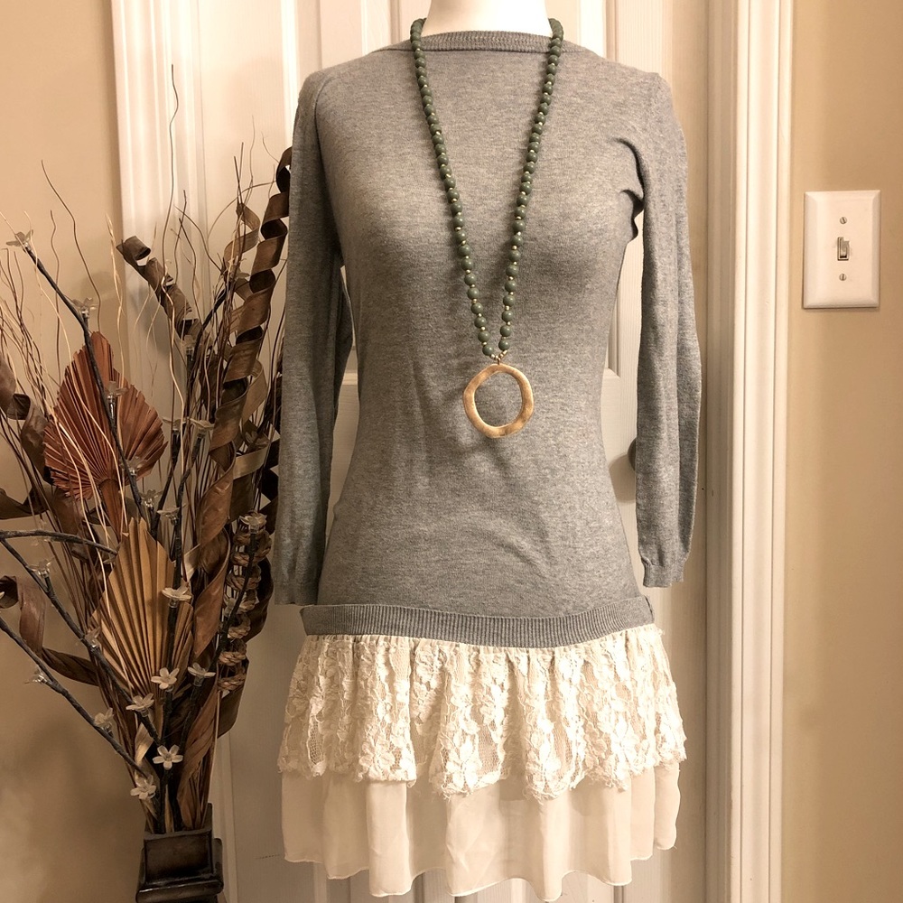 Gray sweater small dress with tiered lace hem trim